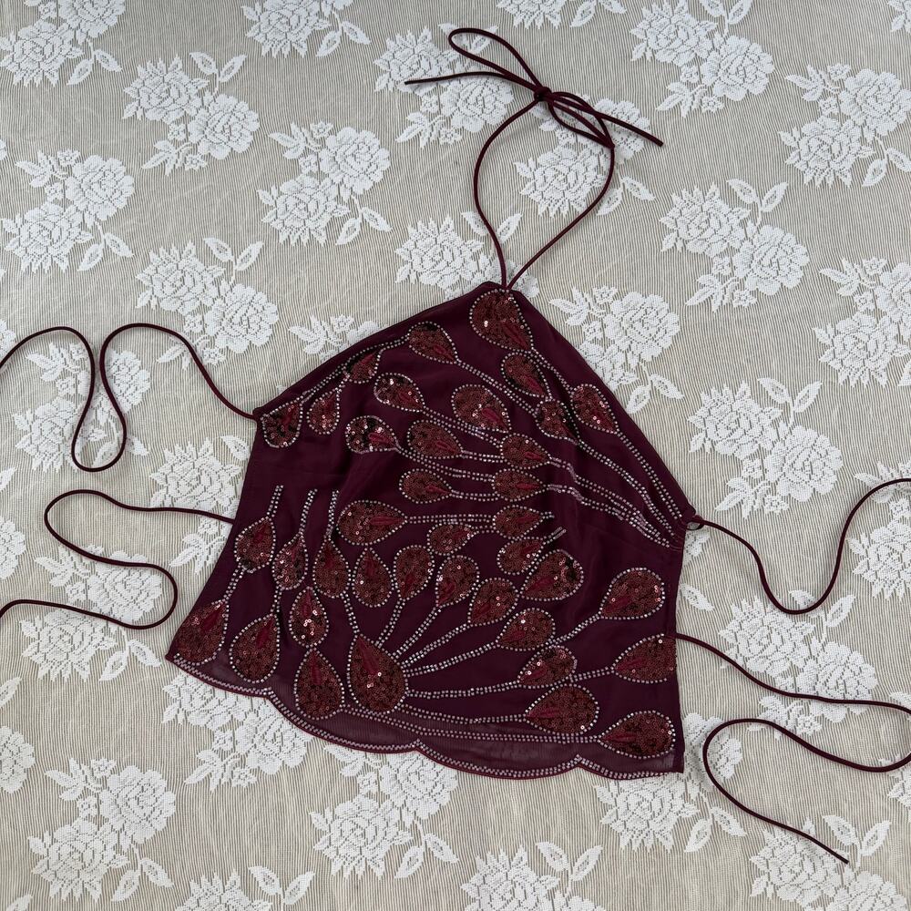 Edikted Burgundy Sequin Halter Top Size S